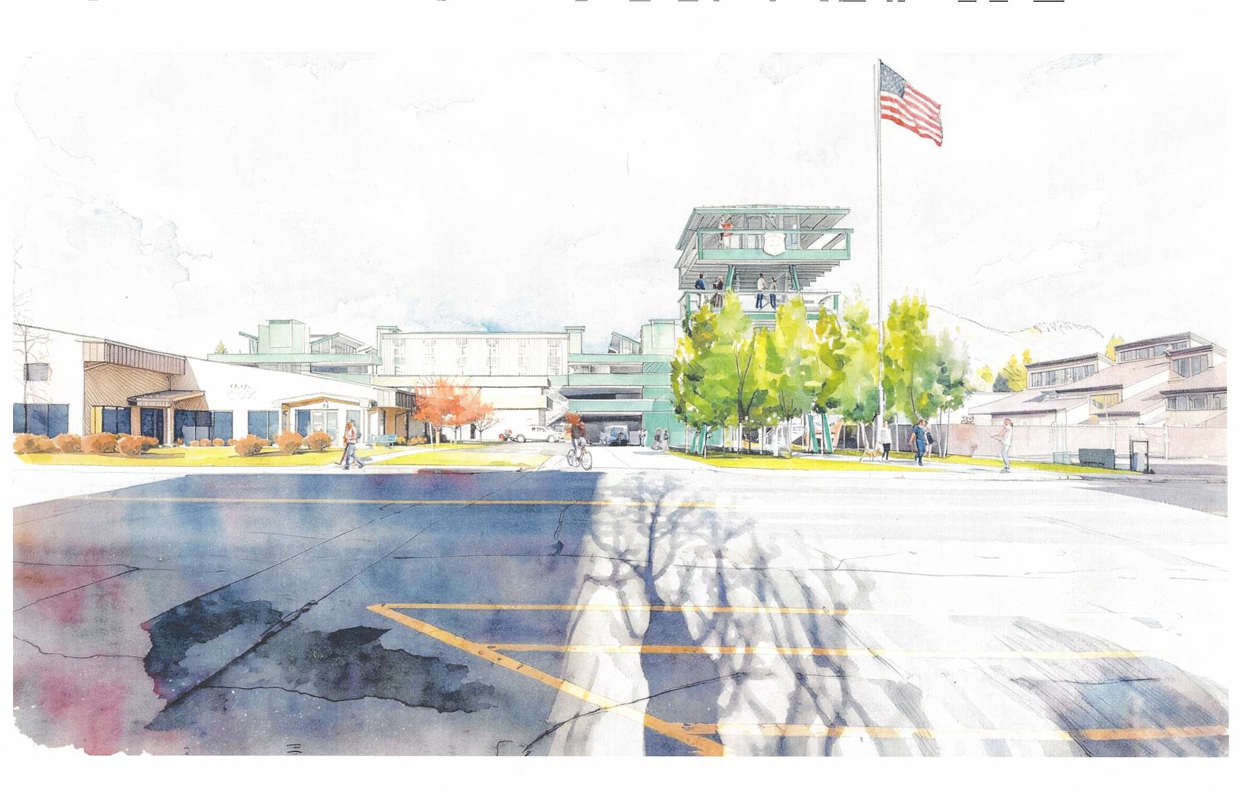Watercolor rendering of Project Lookout viewed from Lewis Street, summer, showing the lookout tower and American flag