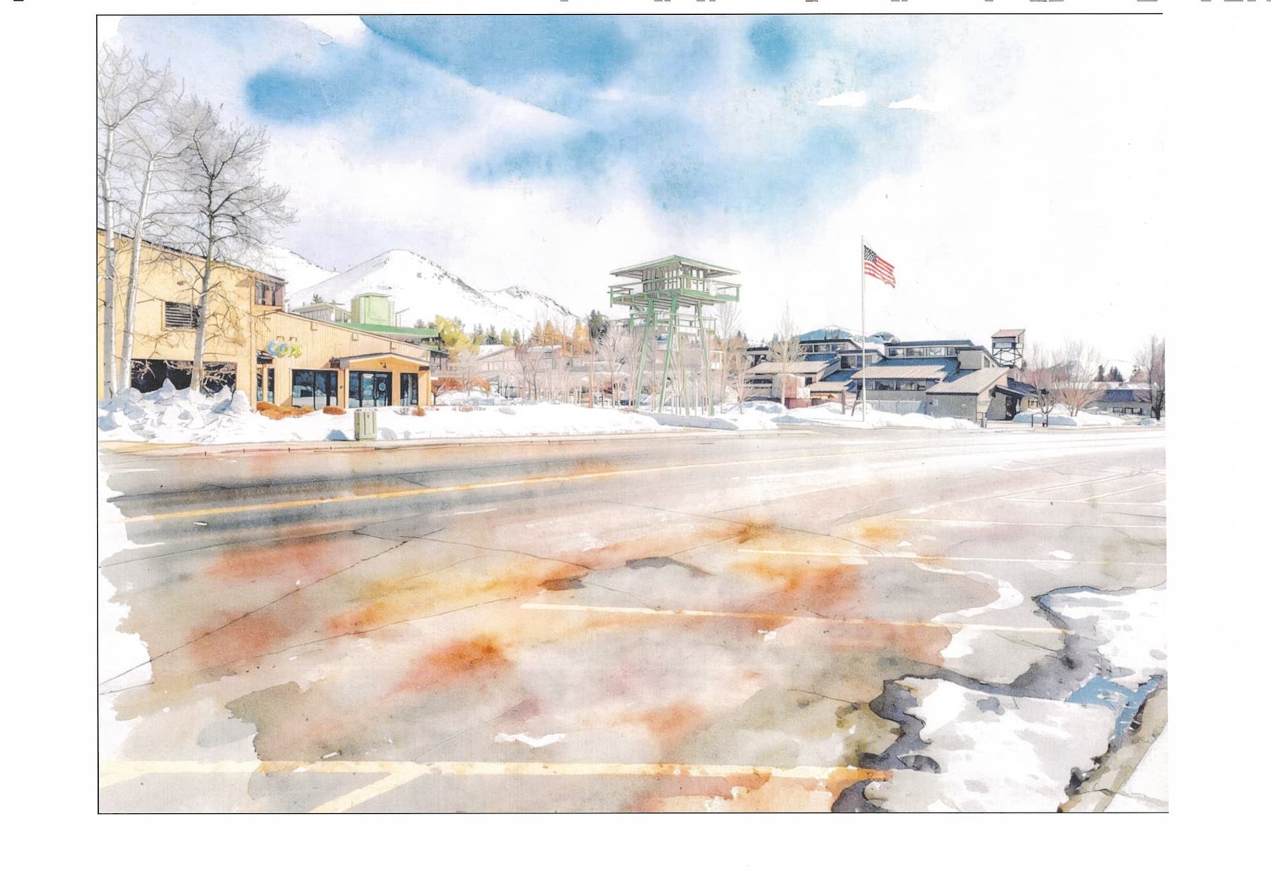 Watercolor rendering of Project Lookout from Highway 75, winter, showing the tower and snow-covered mountains