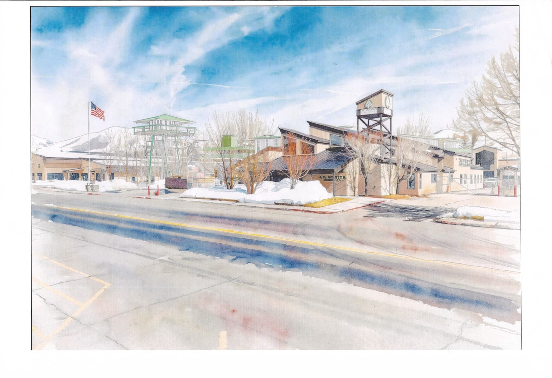 Watercolor rendering of Project Lookout showing the tower and building from across the street, winter