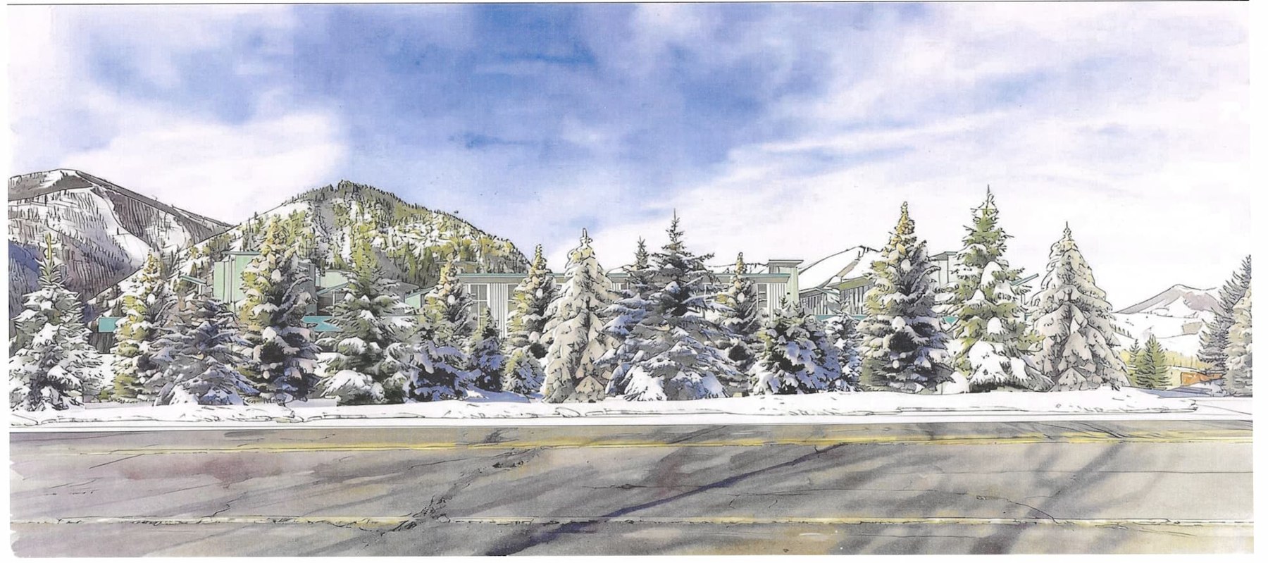 Watercolor rendering of Project Lookout seen from Highway 75 with snow-covered pines and mountains in background